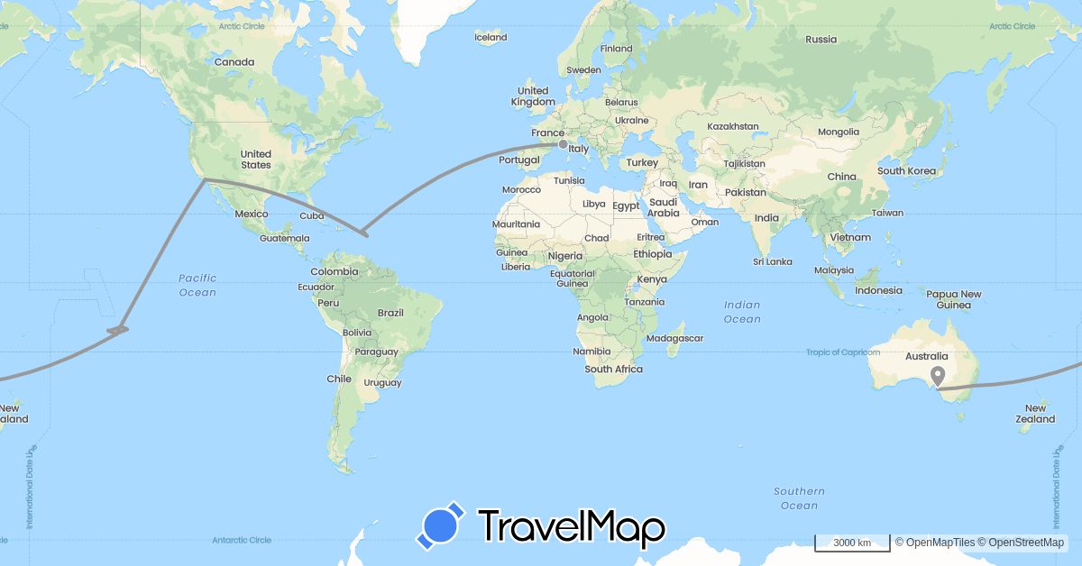 TravelMap itinerary: driving, plane in Australia, France, United States (Europe, North America, Oceania)